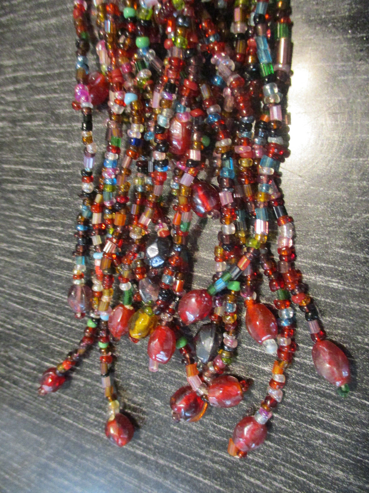 Red Multi Color Strand Glass Seed Bead 54″ long Necklace Lariat Fringe Tassel