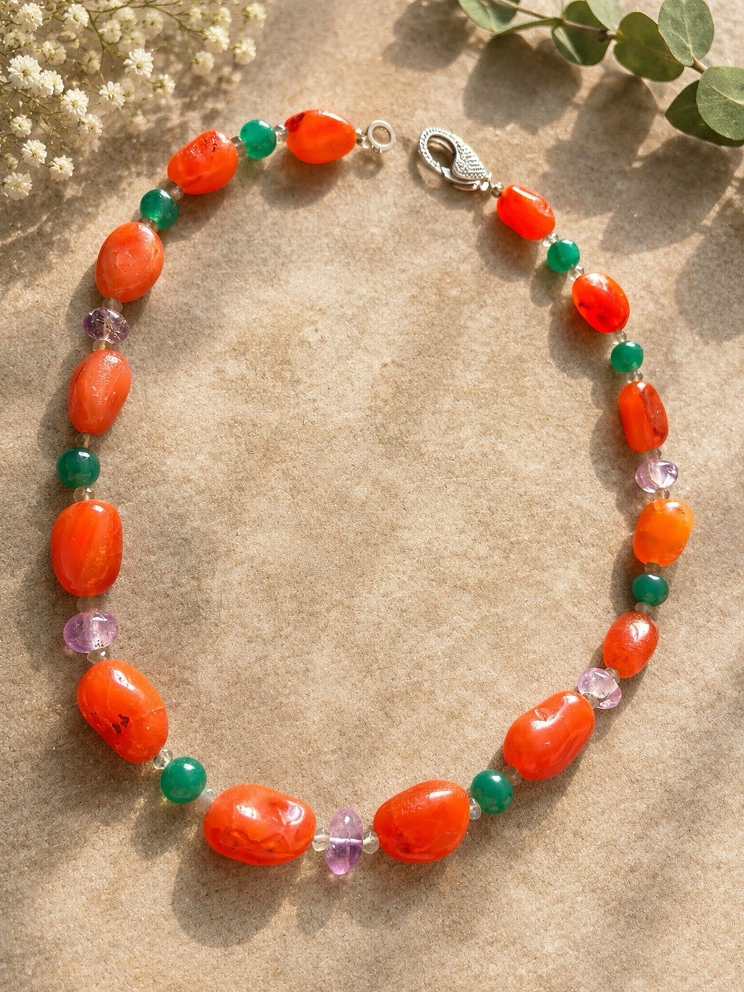 Vintage Carnelian Green Onyx Amethyst Gemstone Beaded Necklace Silver Clasp