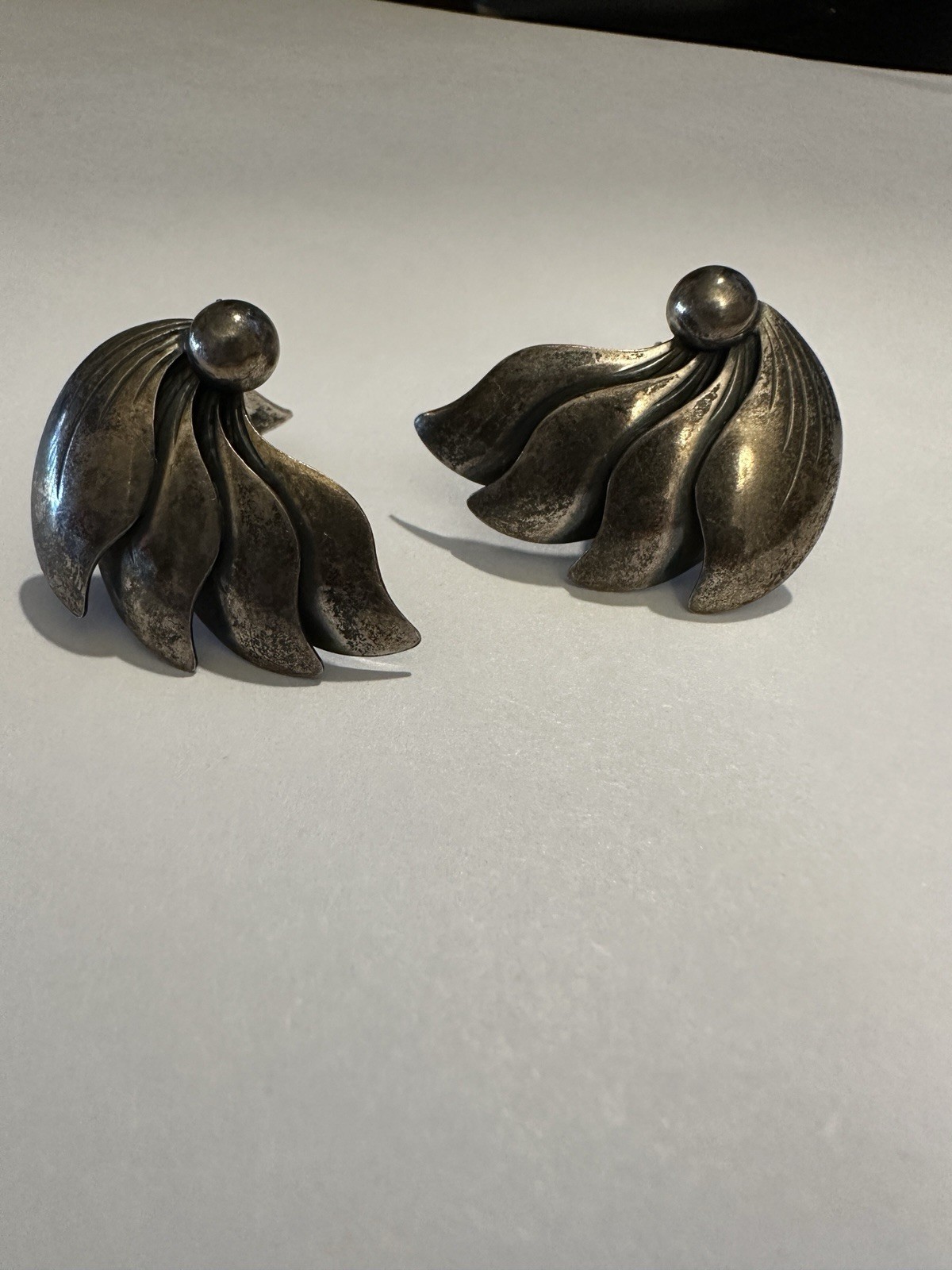 VTG N E Signed Denmark Sterling Silver Clip Fan Earrings 1in 8.11g
