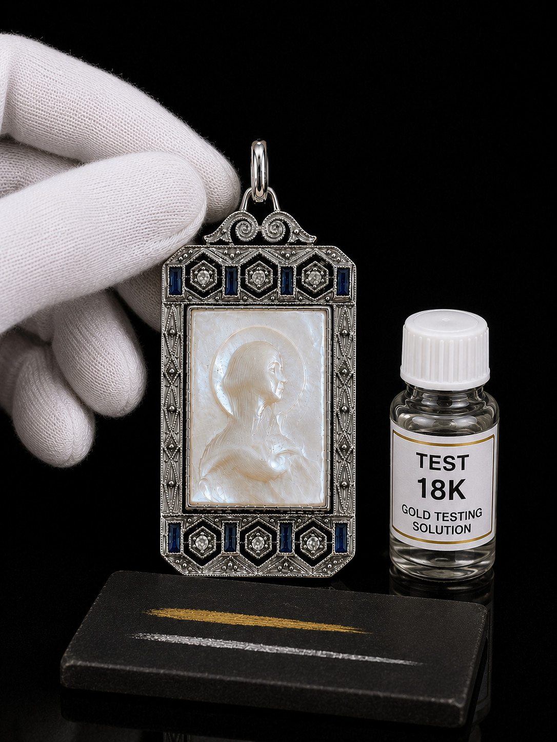 Antique Art Deco 18K Gold Religious Virgin Mary Pendant Diamonds Sapphires