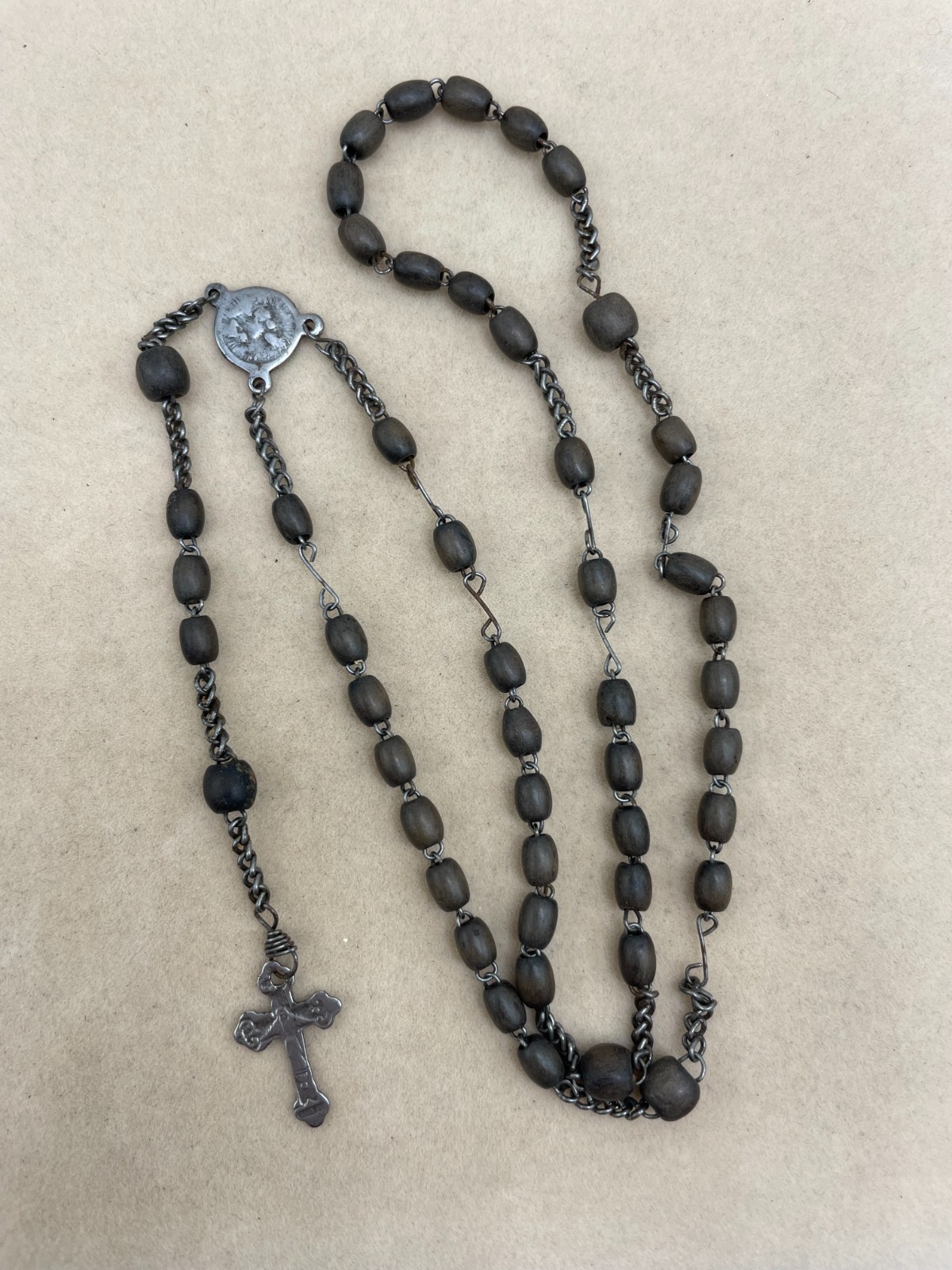 VTG Dark Wood beaded Rosary Crucifix silver tone Religious