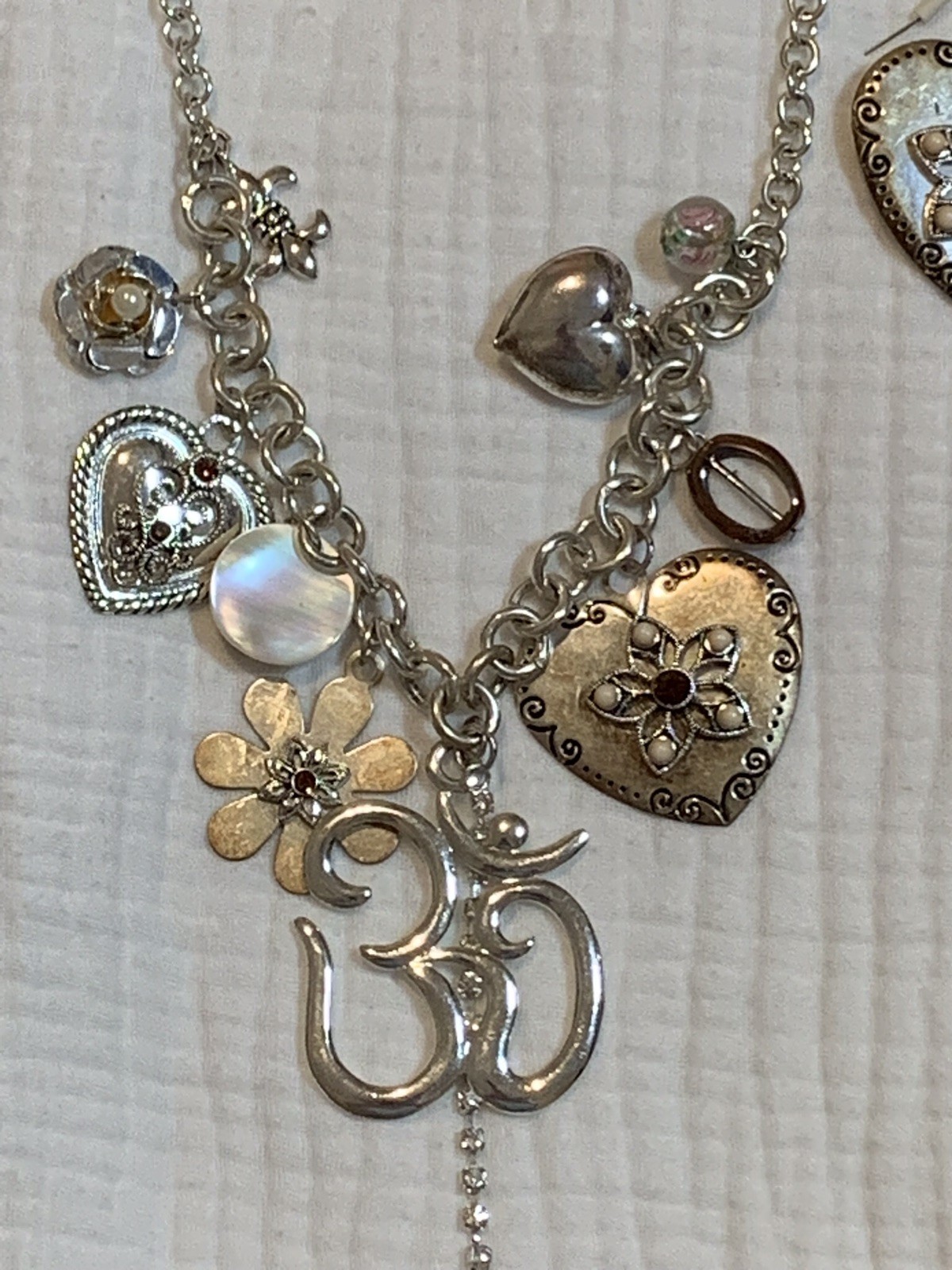Vintage Silver Charm Necklace Earrings Set Hearts Flowers Beads Boho Cottagecore