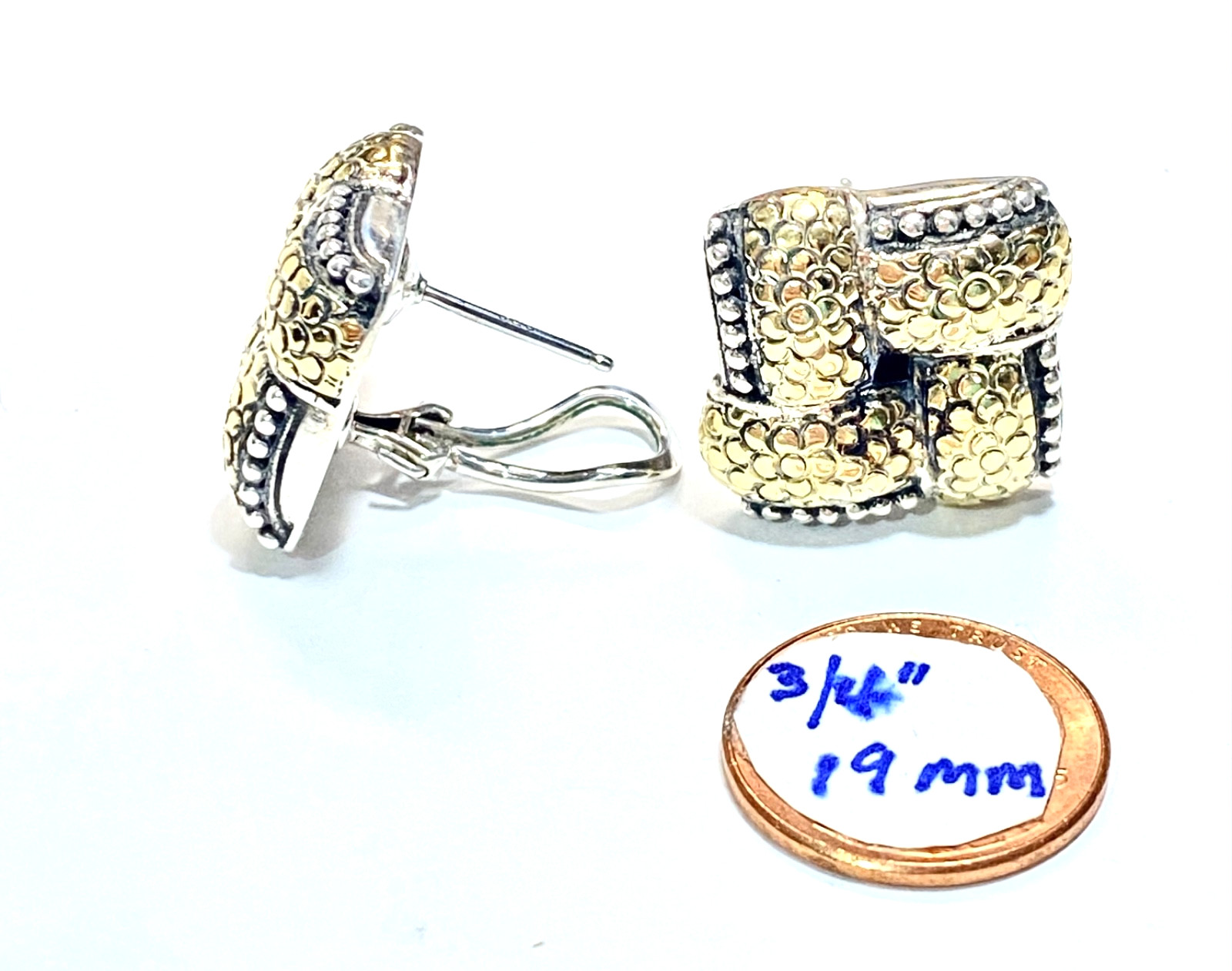 Vintage Sterling & 18k Gold John Hardy “The Dot Collection” Woven Earrings 3/4″