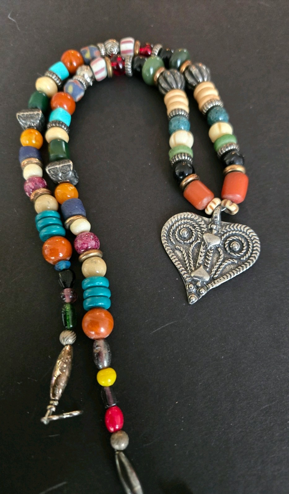 Unique Vintage Boho Multicolor Bead Necklace W/Heart Pendant