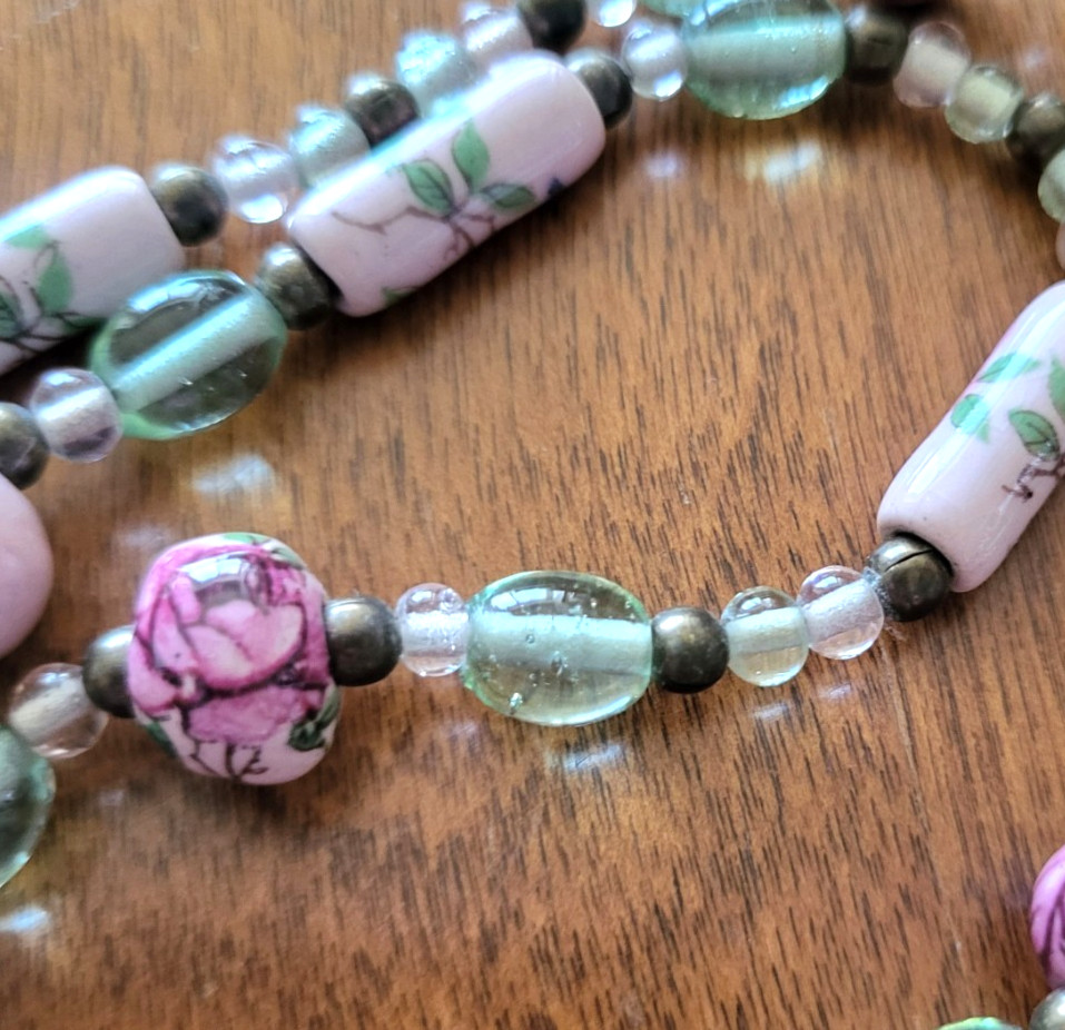 Vintage Cottagecore Sea Green Glass, Brass and Pink Porcelain Rose Bead Necklace
