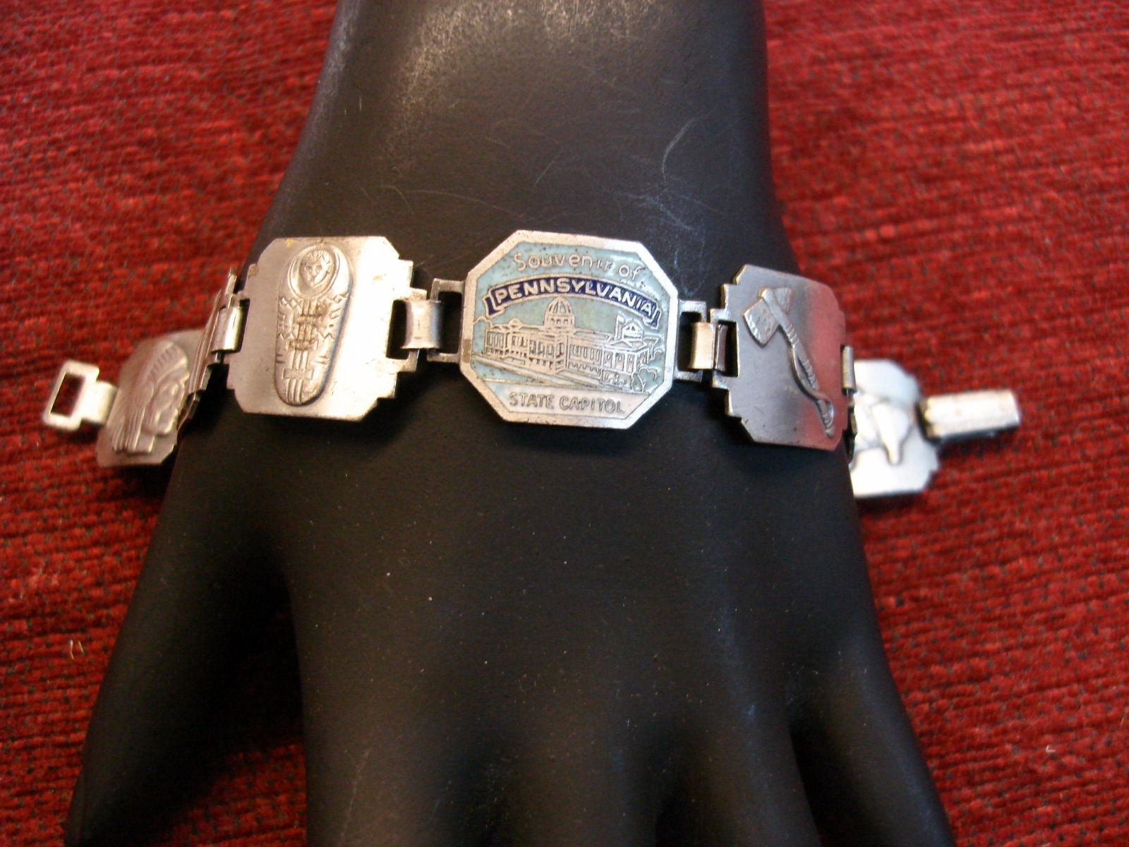 SCARCE VINTAGE PENNSYLVANIA SOUVENIR SILVER BRACELET W/NATIVE AMERICAN SYMBOLS +