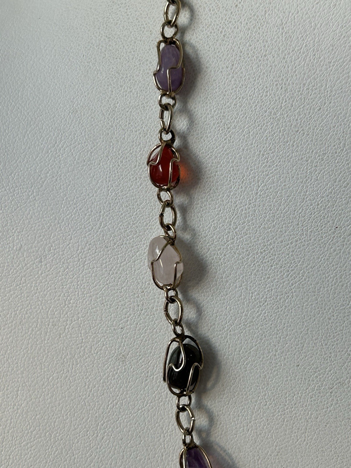 Vintage Multi Gemstone Station Necklace Wire Wrapped Gemstone Link Chain 22”