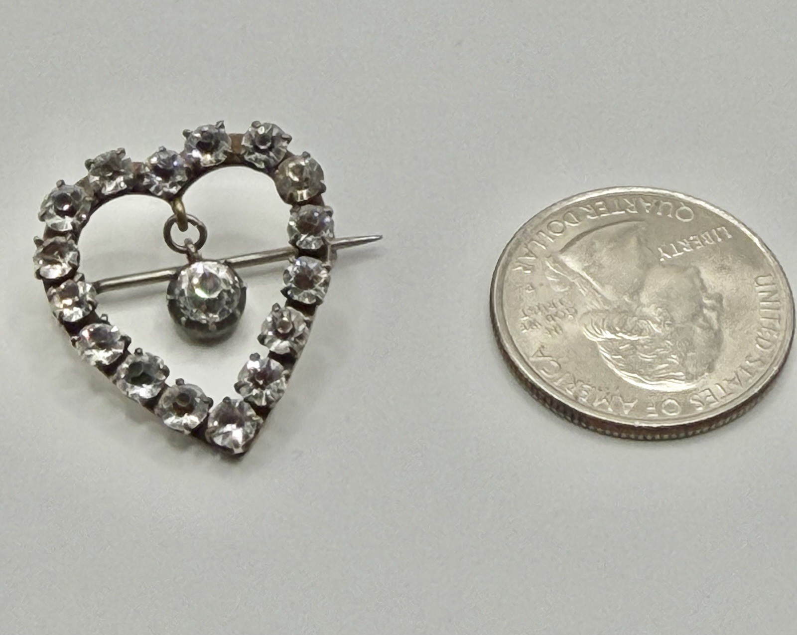 Antique Victorian Clear Paste Stones Heart Silver Brooch & Paste Dangle Center