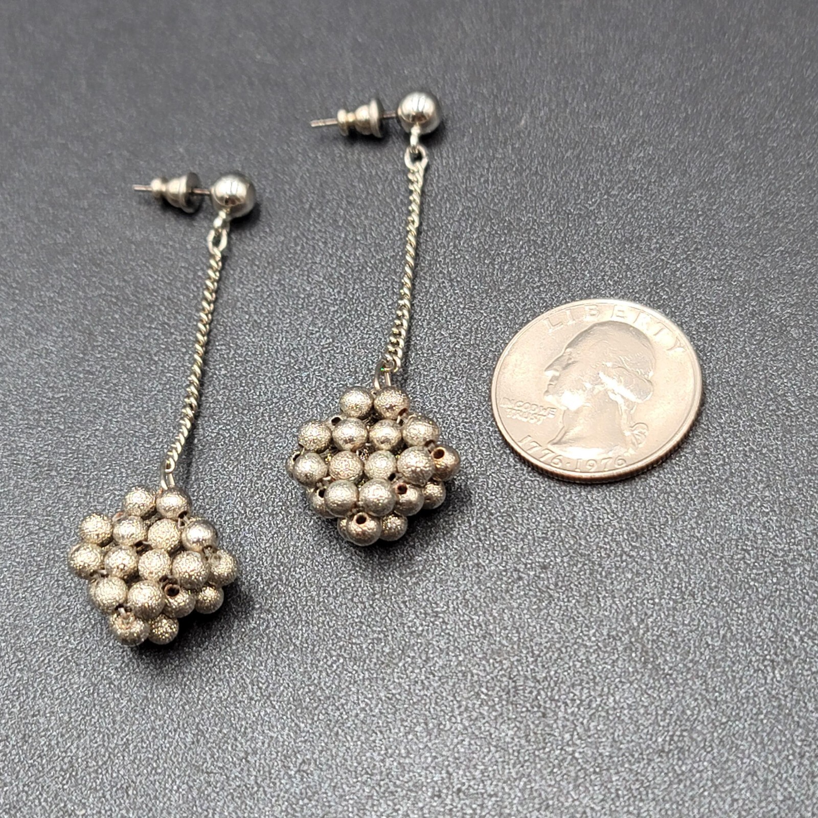 Vintage Pierced Earrings Silver tone Bead Cluster Dangle Unique 2.5″