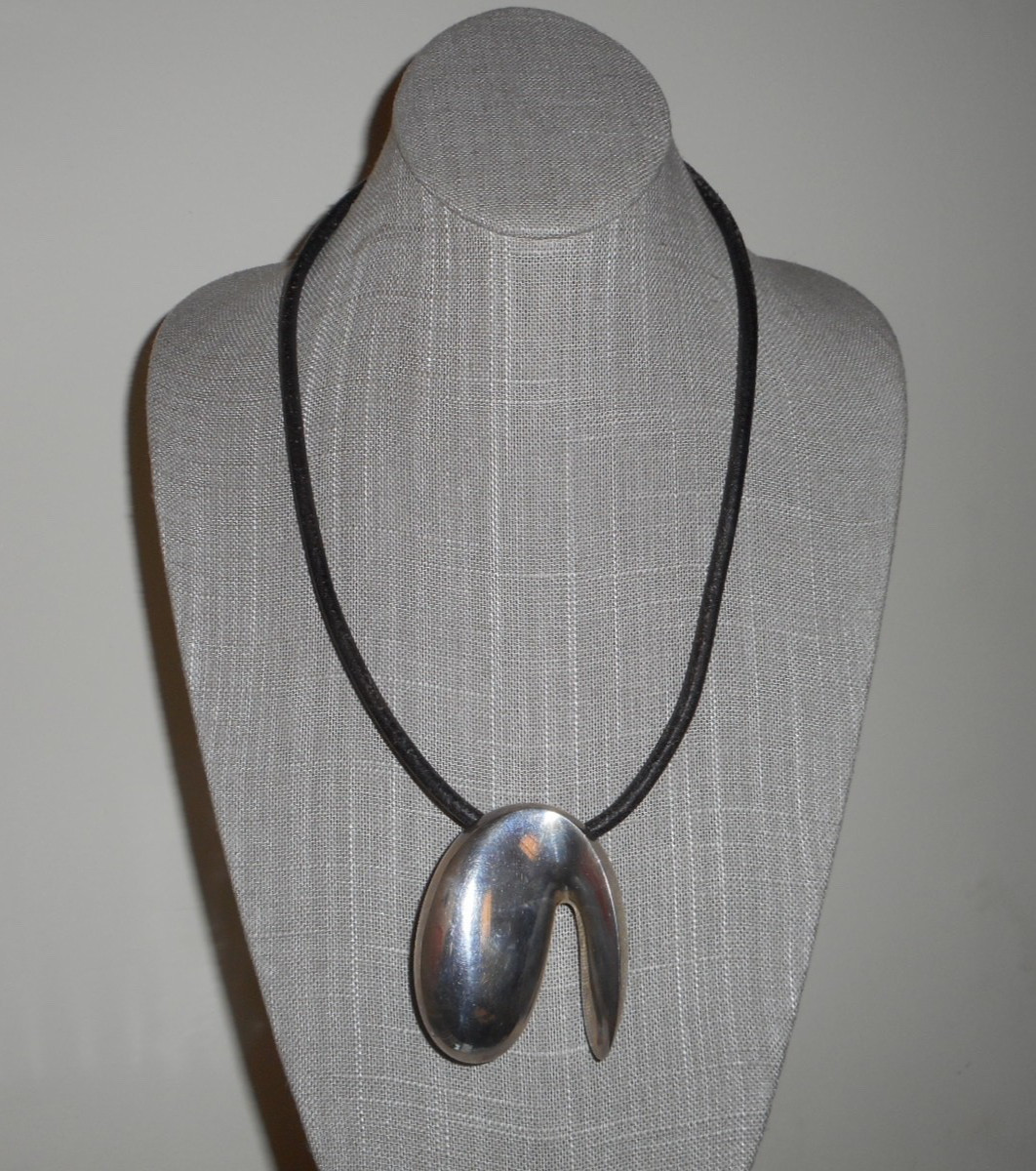 Large Modernist Sterling Organic Abstract Sculptural Pendant on Leather Cord 21″
