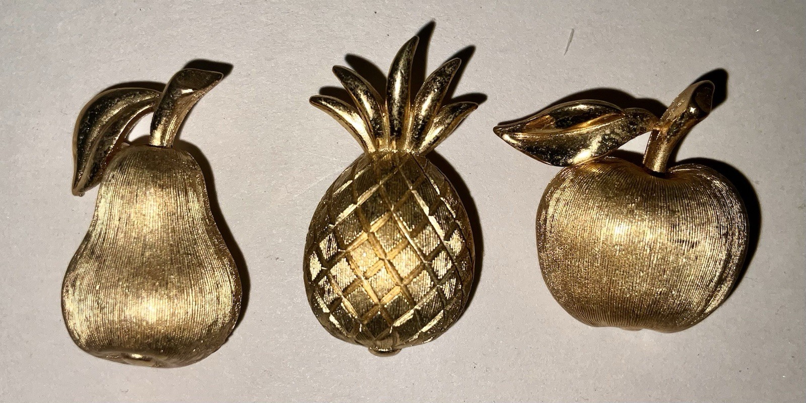 Vintage Signed Crown Trifari FRUIT Scatter Pins Pineapple, Apple And Pear 1”tall