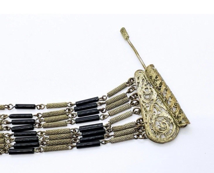 Vintage Multi Strand Wire Wrap Bracelet Filigree Black Tube Bead Metalwork 6.4”