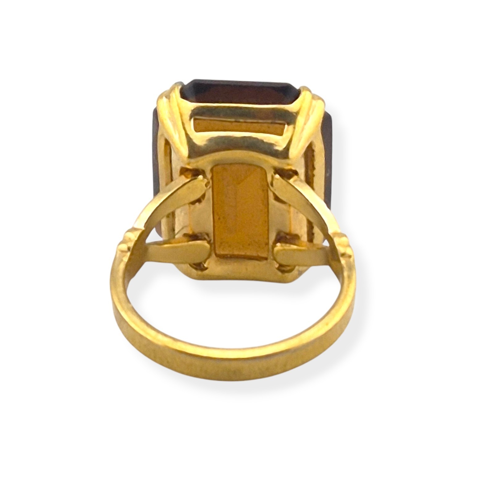 Vintage 1978 Avon Smoky Lustre Ring Emerald Cut Faux Topaz Glass Gold Tone Sz 7