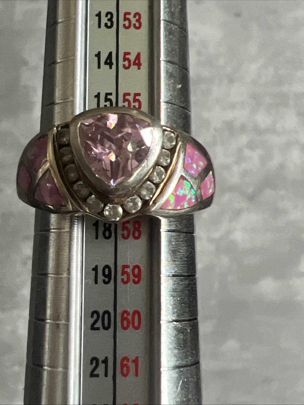 Stunning 925 Sterling Silver Pink Trillion Cut Ring with Inlay & Accents