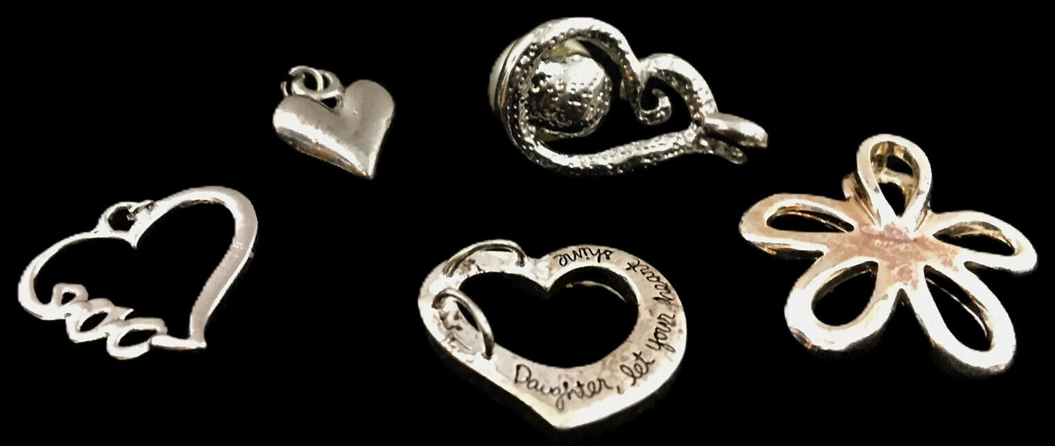Lot of 5 Vintage SilverTone Pendants Faux Pearl Rhinestone Love Hearts Flower