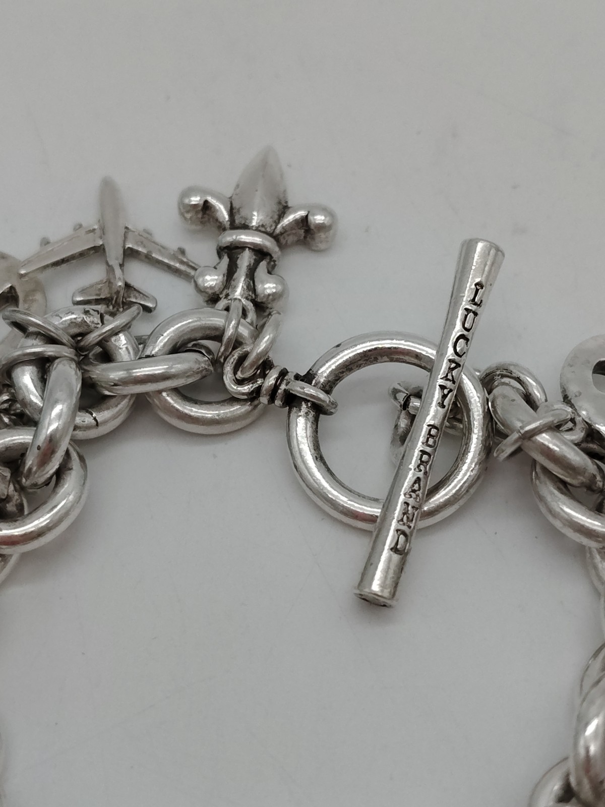 Vintage Lucky Brand Silver Tone “Lucky” Dangling Charms Toggle Bracelet 8″