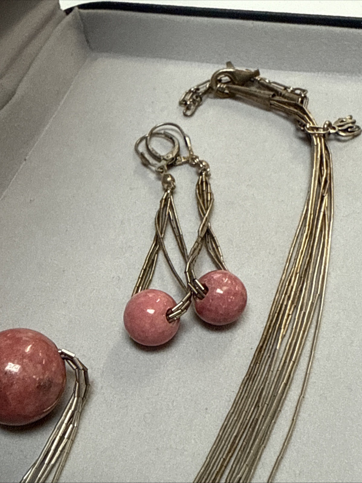 POLLACK HSN LIQUID SILVER PINK GEMSTONE BALL BEAD PENDANT NECKLACE EARRINGS SET
