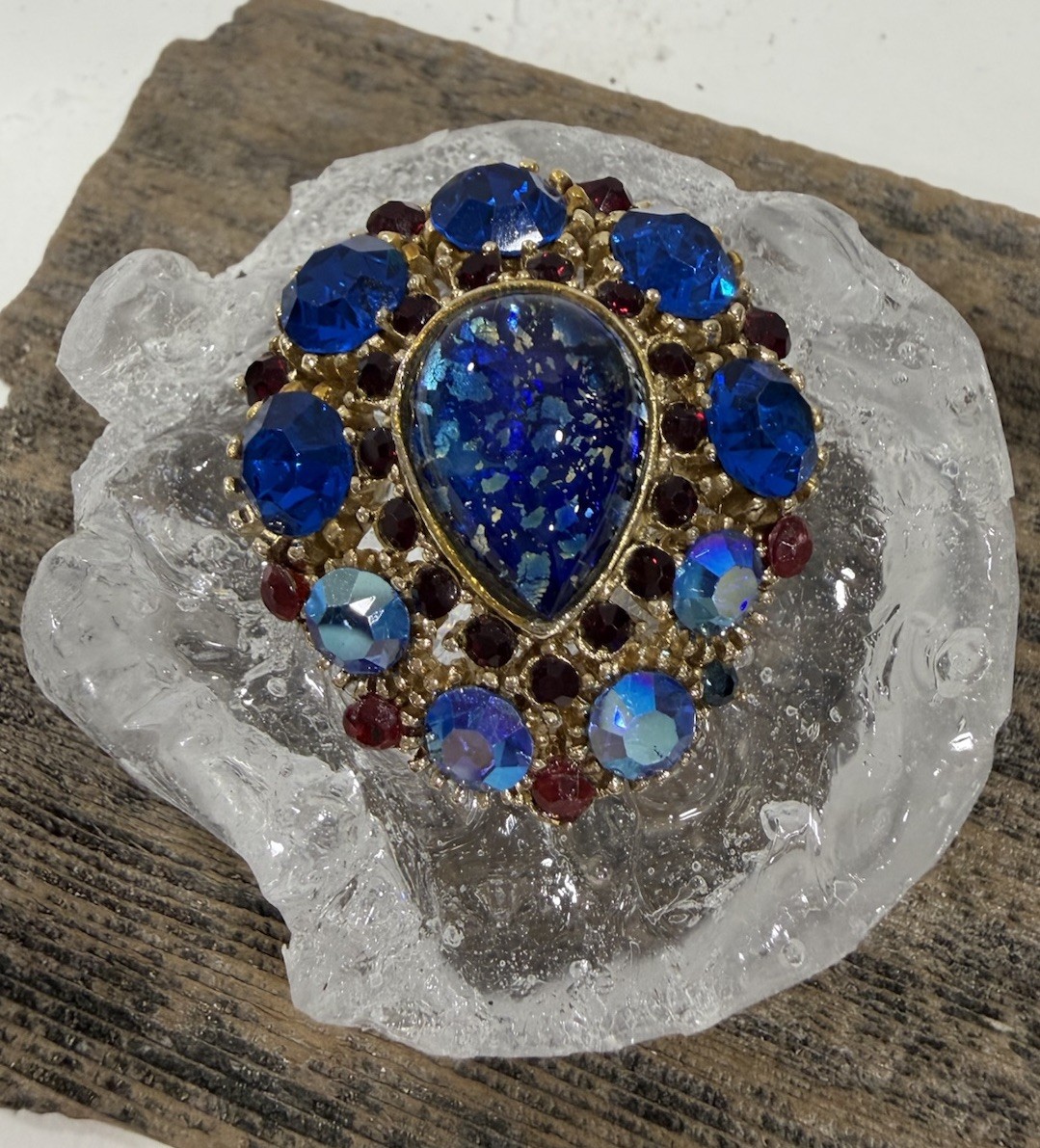 Vintage Brooch Center Teardrop Colbalt Blue AB Rhinestone Ruby Red Accent Stones