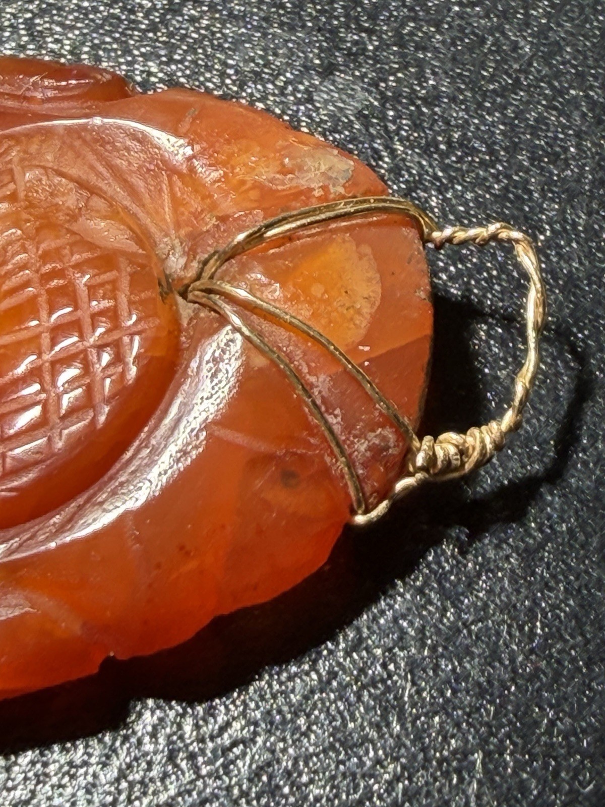 Vintage Carved Carnelian Stone Pendant 10k Solid Gold Wire Bail Old Repair