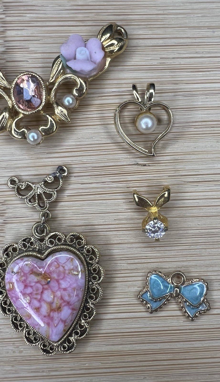 7 Pc Gold Tone Pendant Charm Lot Pink Hearts & Flowers Clear Rhinestones Dainty