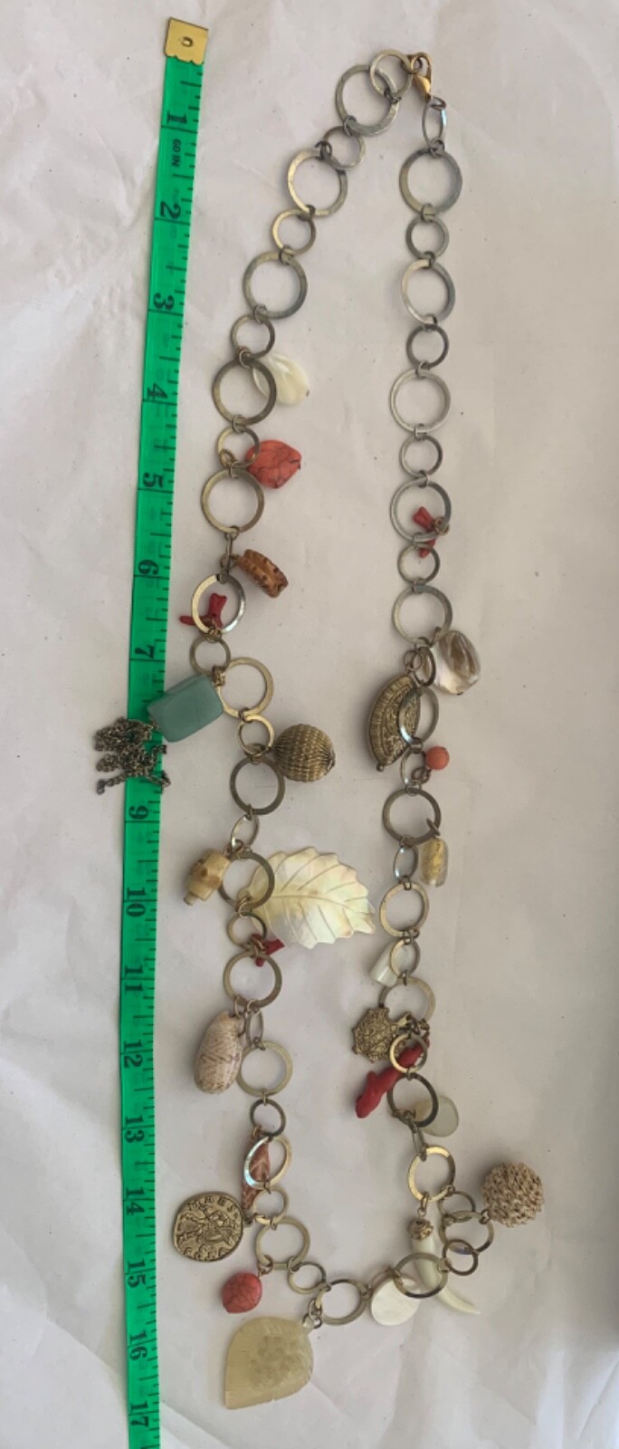 Vintage Metal Link Necklace with Glass and metal Charms stone, faux coin & shell