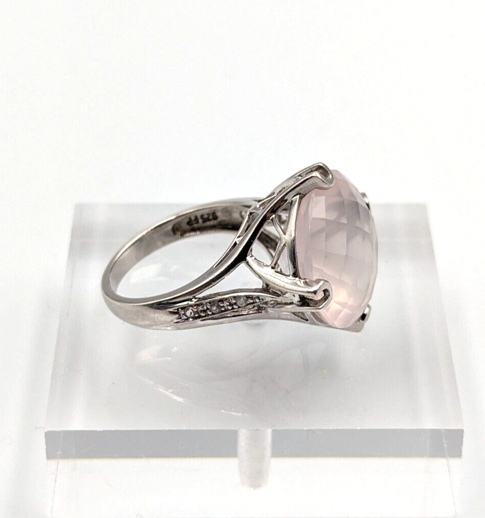 Sterling Silver 925 Checkerboard Cut Pink Chalcedony Clear Topaz Ring Sz 6