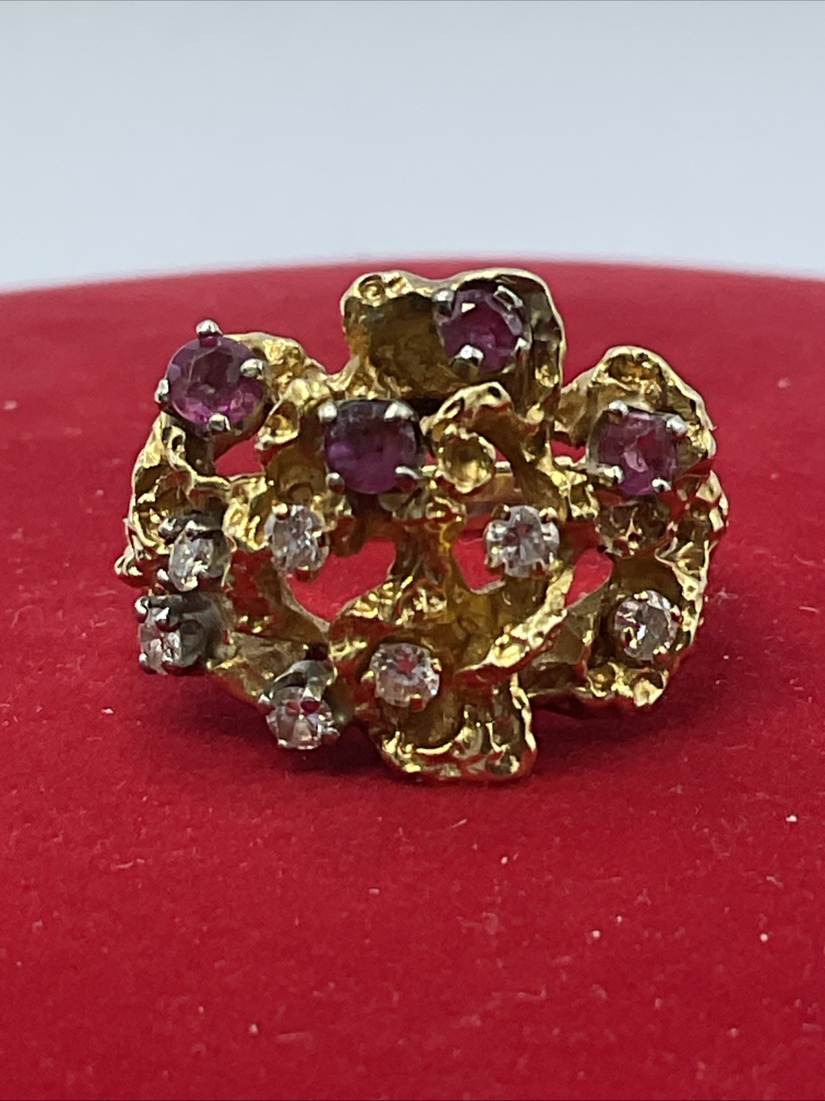 BEAUTIFUL Ladies Ring Solid 17K Yellow Gold Diamond & Ruby VINTAGE HANDMADE10.3g