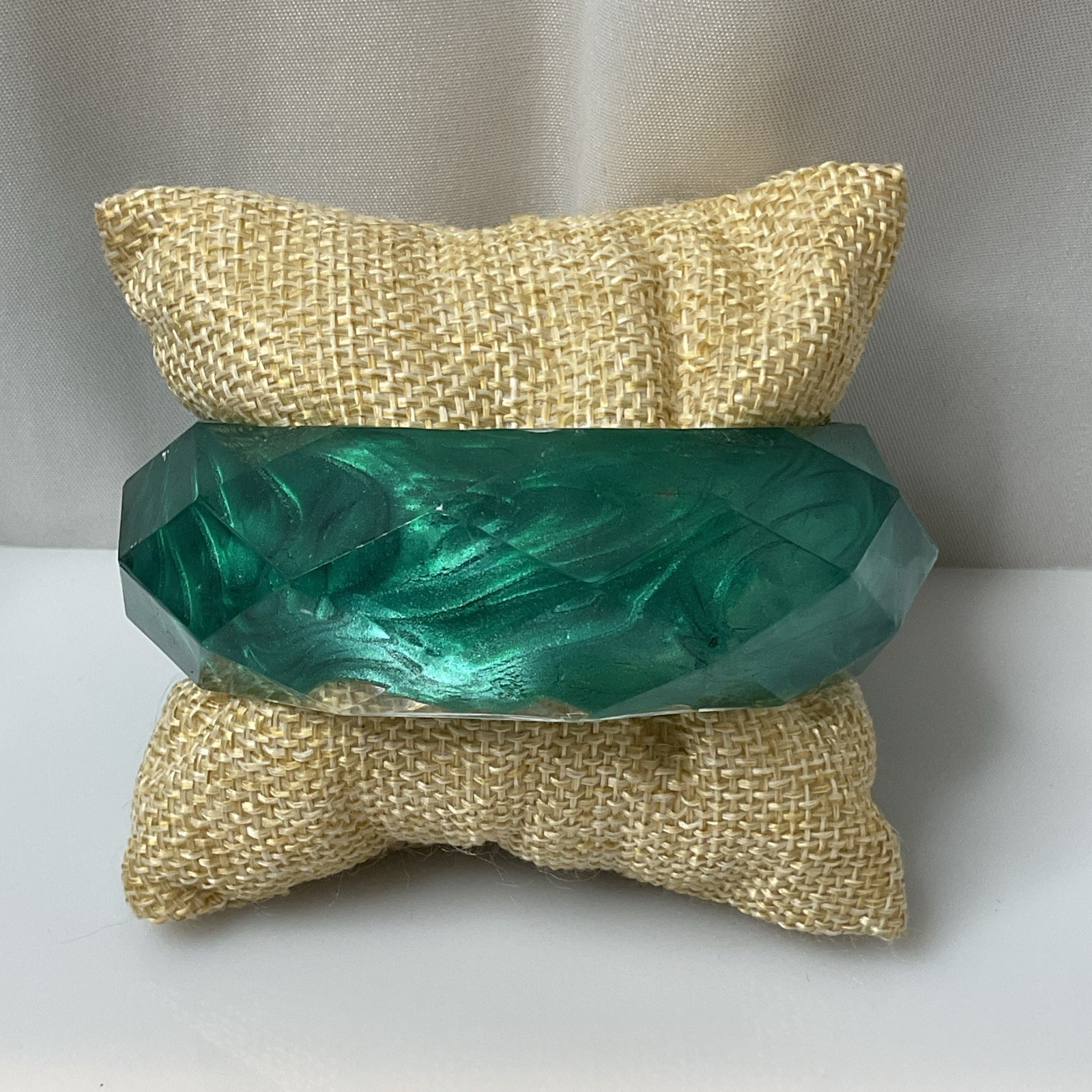 Vintage Acrylic Bangle Bracelet Swirled Green Faceted Molted Plastic Size 8