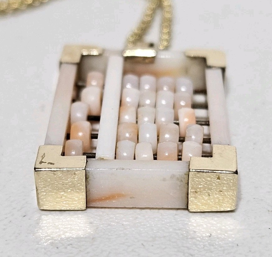 Vintage 14K Gold Angel Skin Coral Abacus Pendant 2mm Rope Chain Necklace 18-3/4″