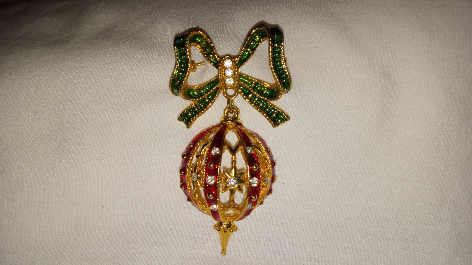 Gold Tone Green, Red Faux Diamond Christmas Ornament Pin 2 1/2 Inches