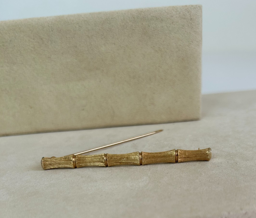 70s Napier Womens Bamboo Bar Brooch Pin Etched Gold Tone 3″ VGUC