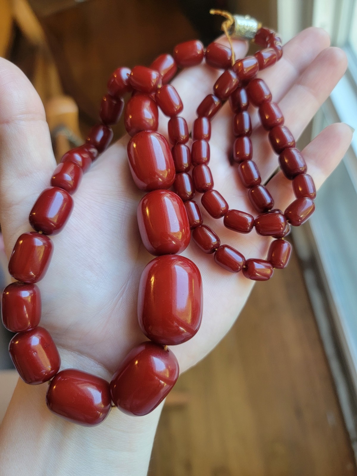 Cherry Amber Bakelite Barrel Prayer Bead Necklace – 76 Grams