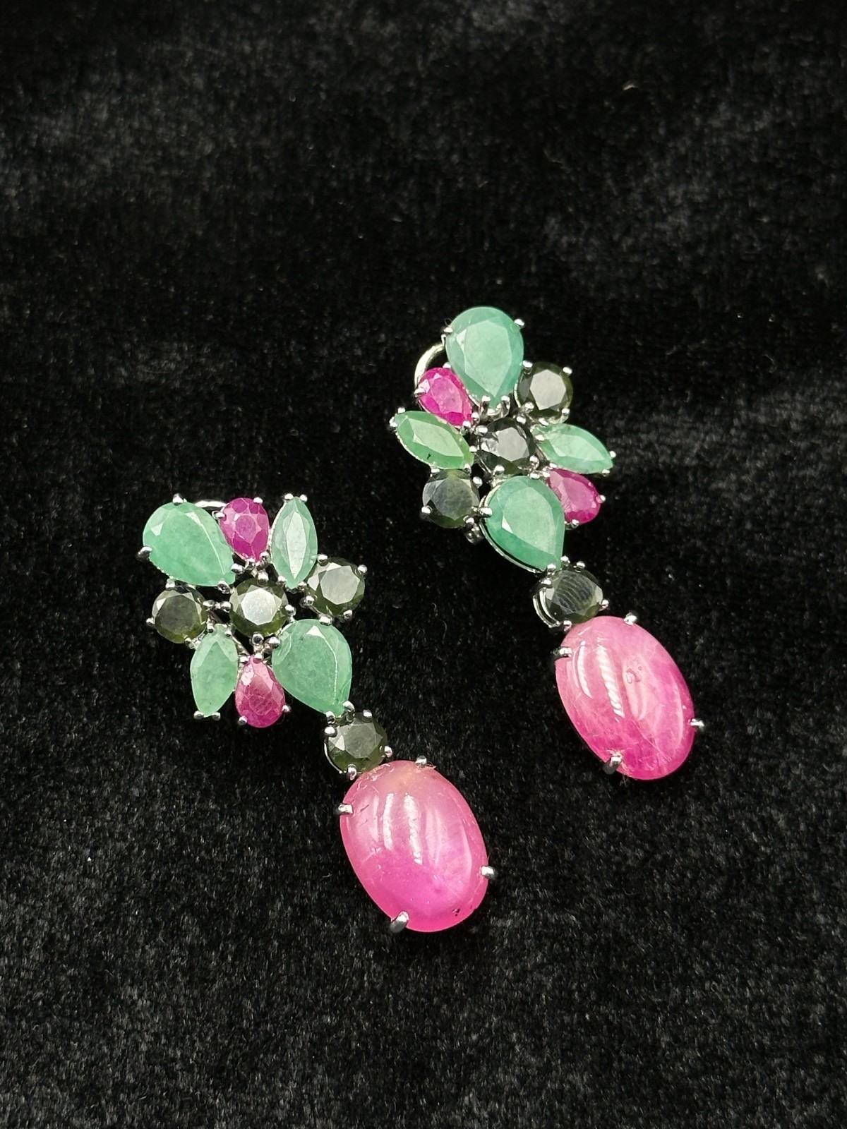Beautiful Victorian Handmade Ruby And Emerald Earrings, 925 Sterling Silver