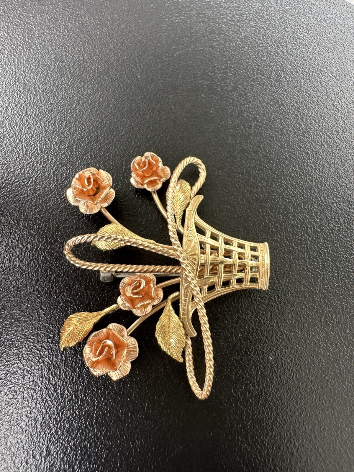 Vintage Signed Krementz Flower Basket Brooch Goldtone & Rose Goldtone