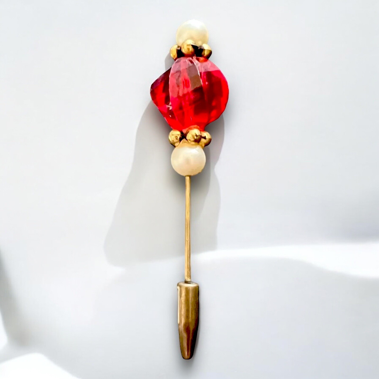Red Lucite Hat Pin Gold Tone Pearl Art Deco Hat Accessory Vintage Screw Base