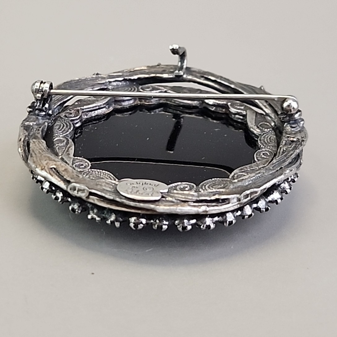 Vintage Original By Robert Cameo Brooch Pendant Black Glass Round Rhinestones 2″