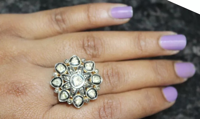 1.24ct Polki Rose Cut Diamond Victorian Look 925 Silver Ring