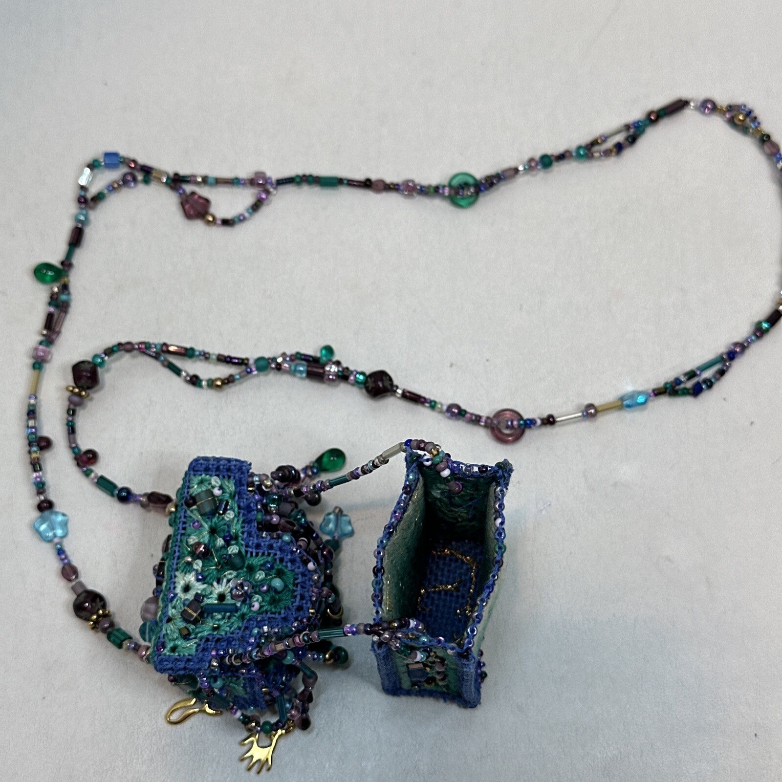Vintage Handmade Blue Seed Bead Purse Necklace With Beaded Fringe-Bo Ho-Hippie