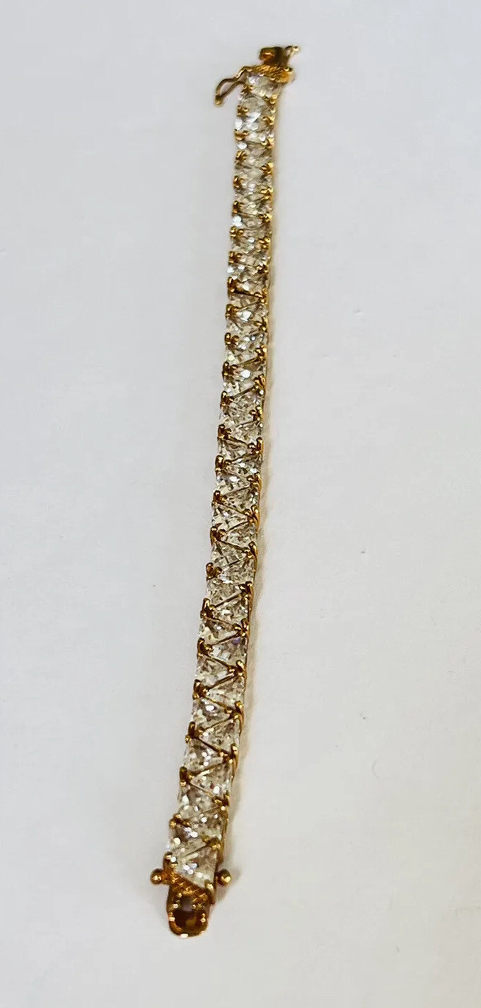 Vintage 18K Gold Vermeil Sterling Silver Trillion Cut CZ Tennis Link Bracelet