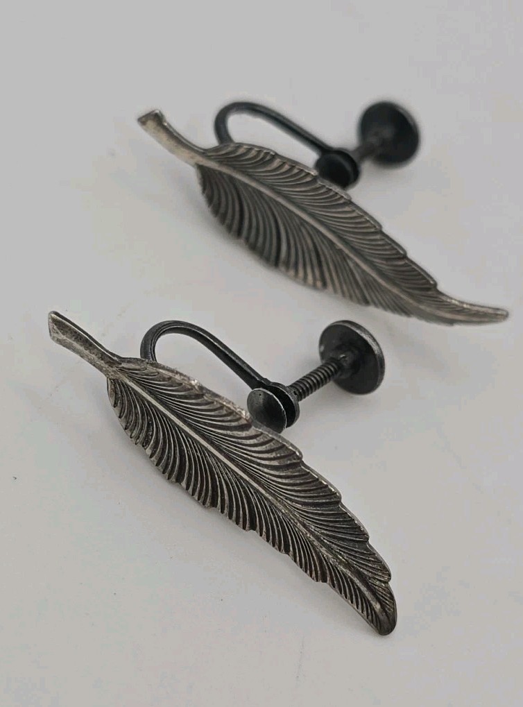 Vintage Silver Tone Bird Feather KIM Signed Etched Hippy Screw Back Boho Earring