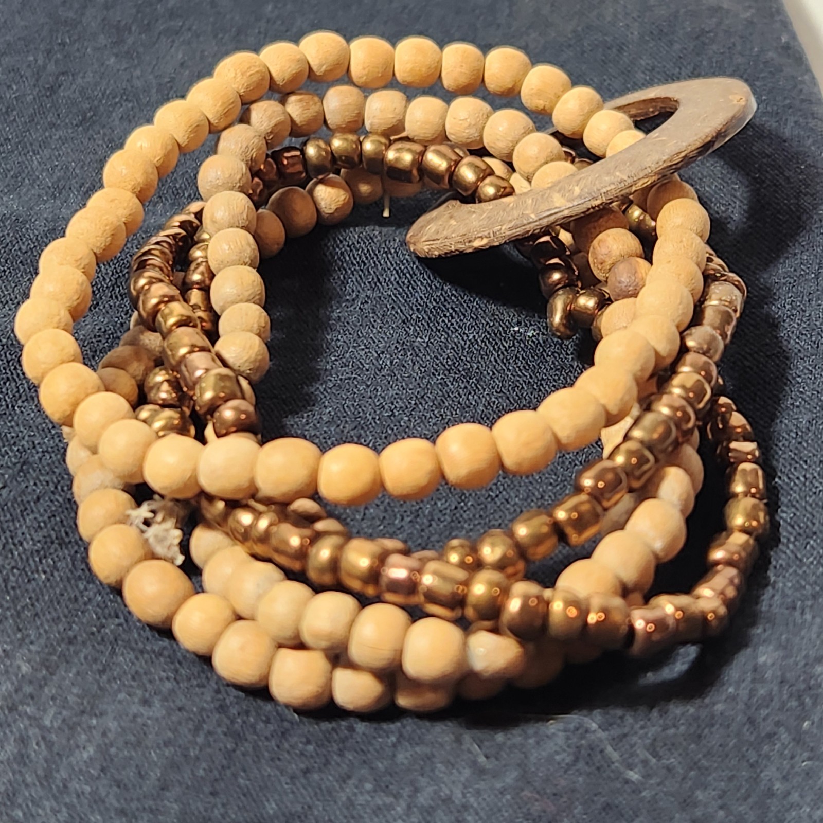 Multi Strand Wood Bead Stretch Bracelet Natural Earthy Boho Light Dark