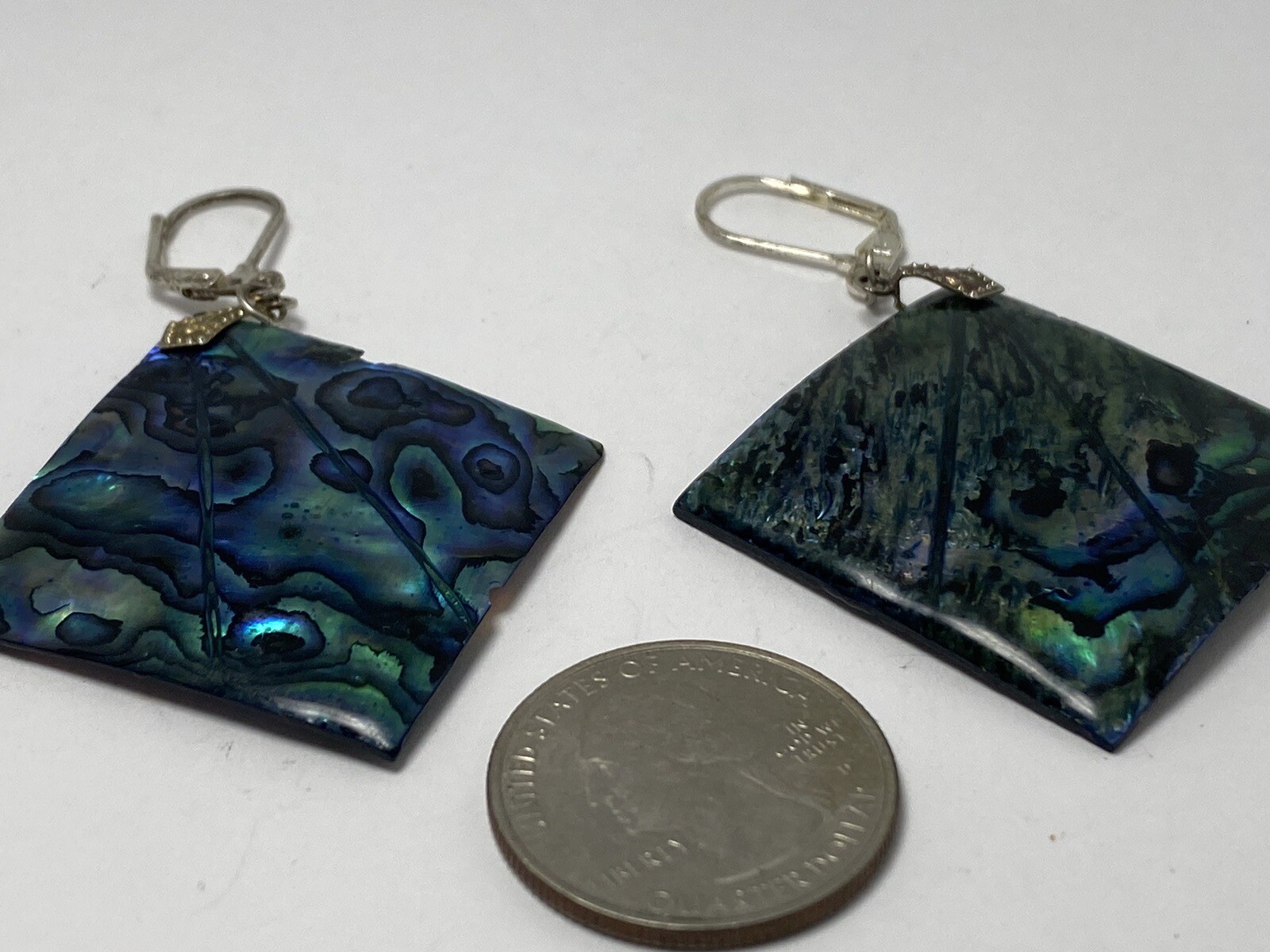 Vintage Large Iridescent Blue Green Abalone Shell Paua Square Dangle Earrings