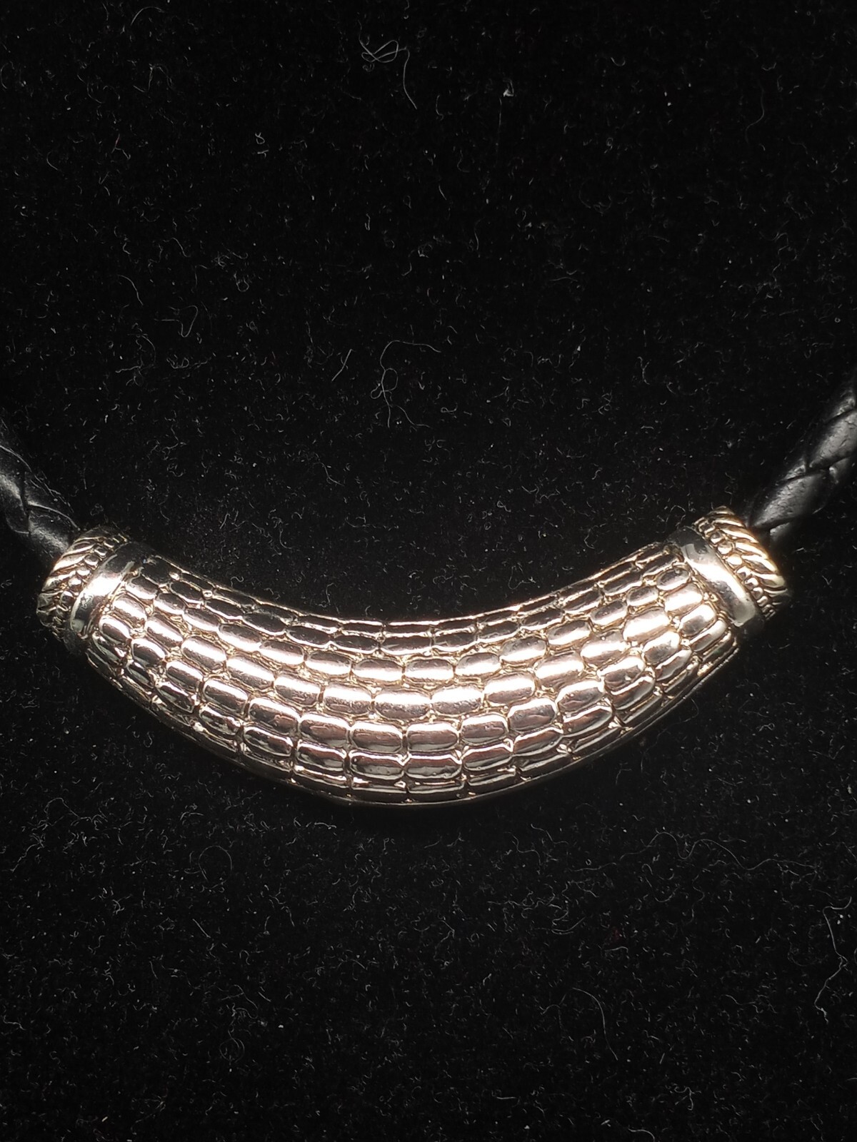 Vintage Choker Necklace Black Faux Twisted Leather Cord Silvertone Metal Pendant