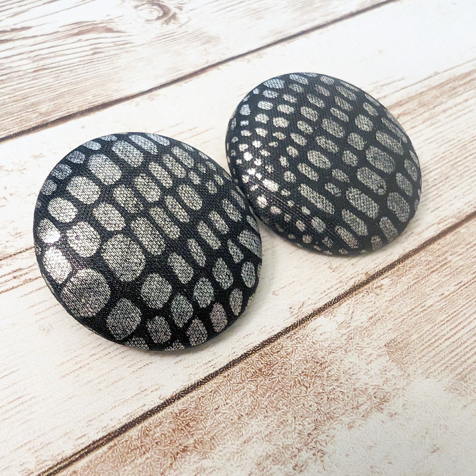 Vintage Clip On Earrings – Large Black with Silver Tone Design
