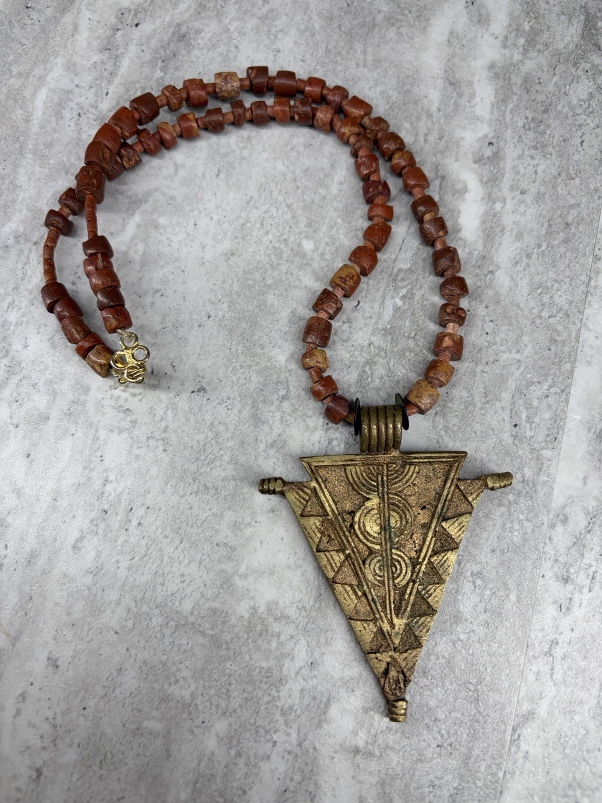 Vintage Orena Paris Tribal Necklace Stone Jewelry Brass Geometric Pendant