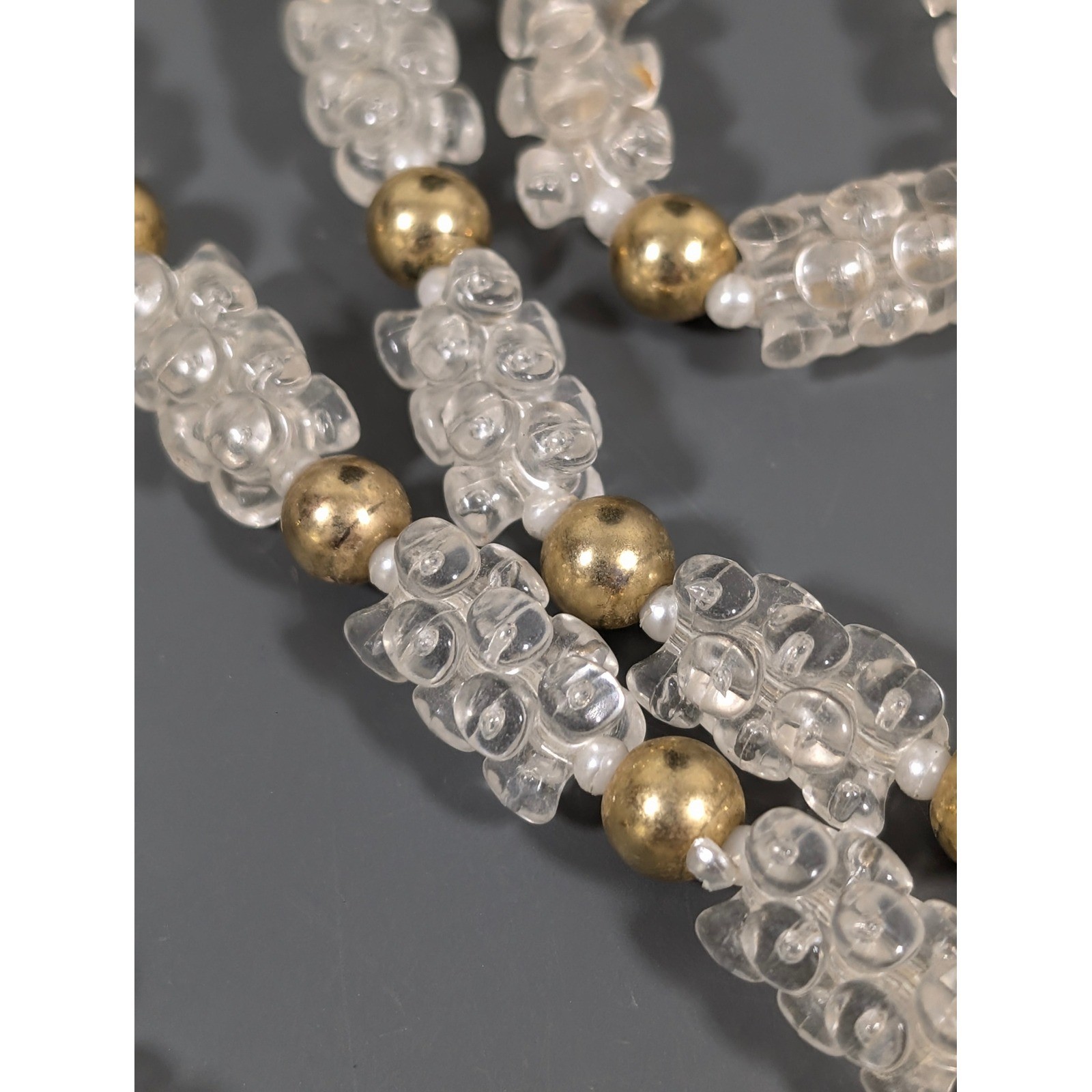 Vintage Lucite Popcorn Bead Necklace Clear Gold Tone Long 36″