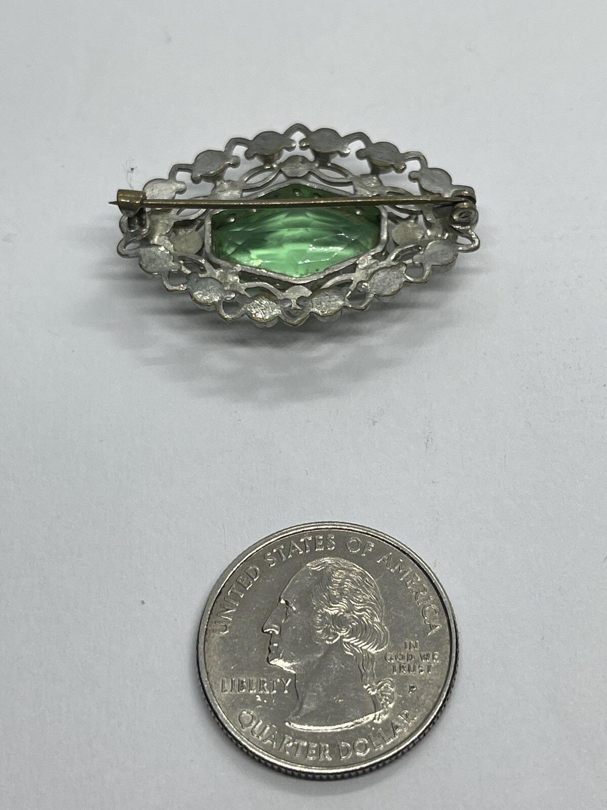 Art Deco Lozenge Shape Light Green Czech Glass Silvertone Filigree Brooch