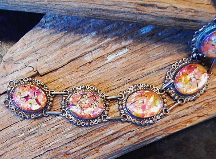 Vintage JOY MEX 925 Sterling Silver Dragons Breath Cabochon Link Bracelet K2
