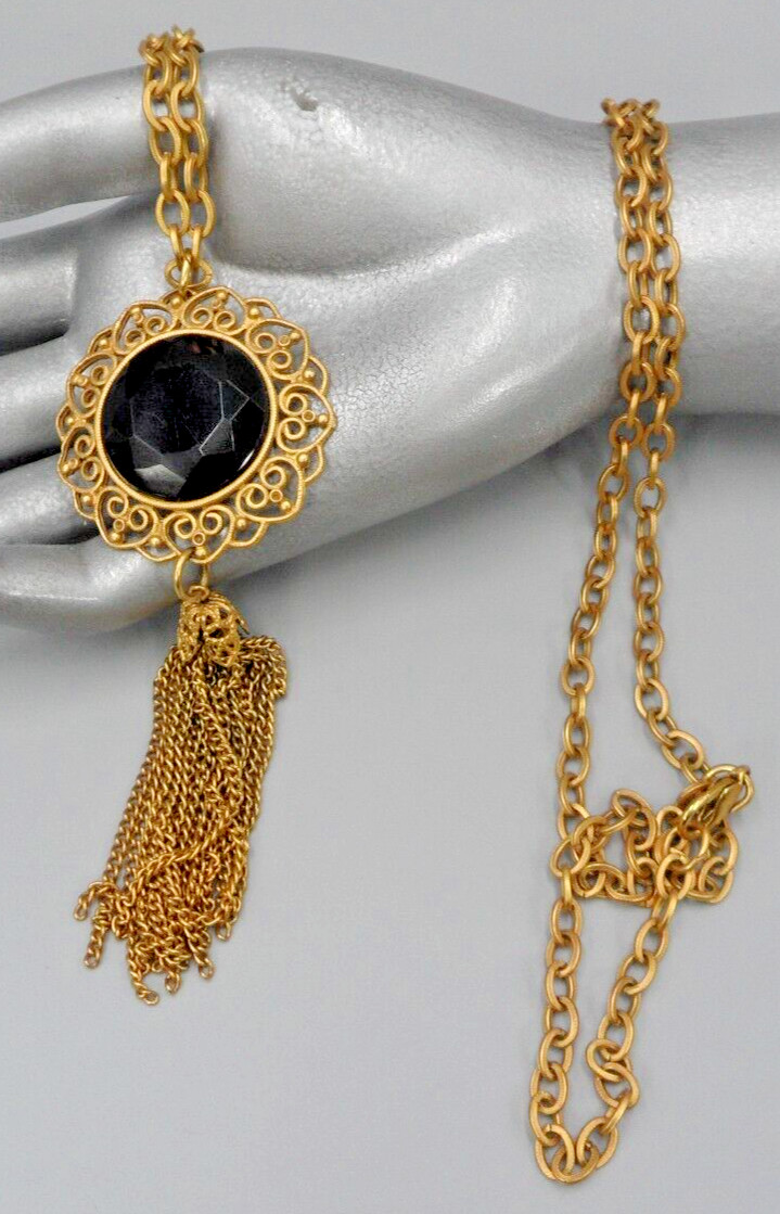 Victorian Revival Tassel Pendant Necklace Cannetile Filigree Hearts Long Chain