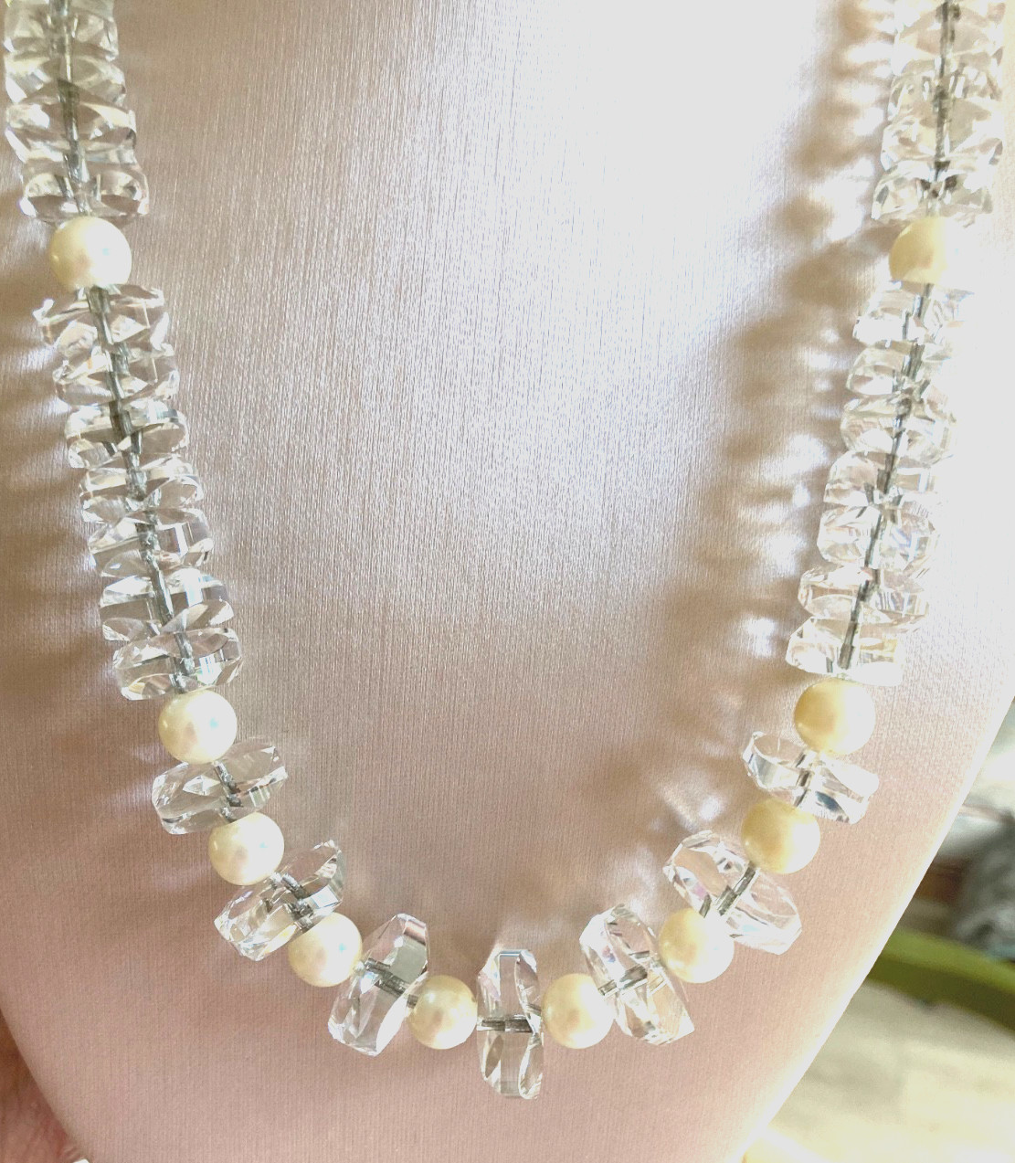 Vtg ROCK CRYSTAL Art Deco Necklace w/Pearls, Amazing Faceted Crystals 100.4grams